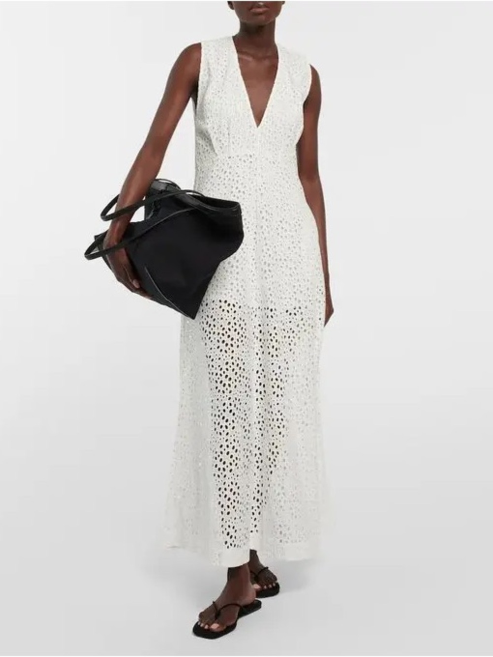 EUC TOTEME Broderie Anglaise Cotton Midi Dress White Eyelet V-Neck Size 36 US 4
